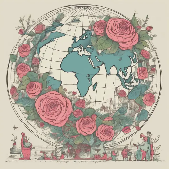 A globe surrounded by people, with flowers growing from regions representing high standard living