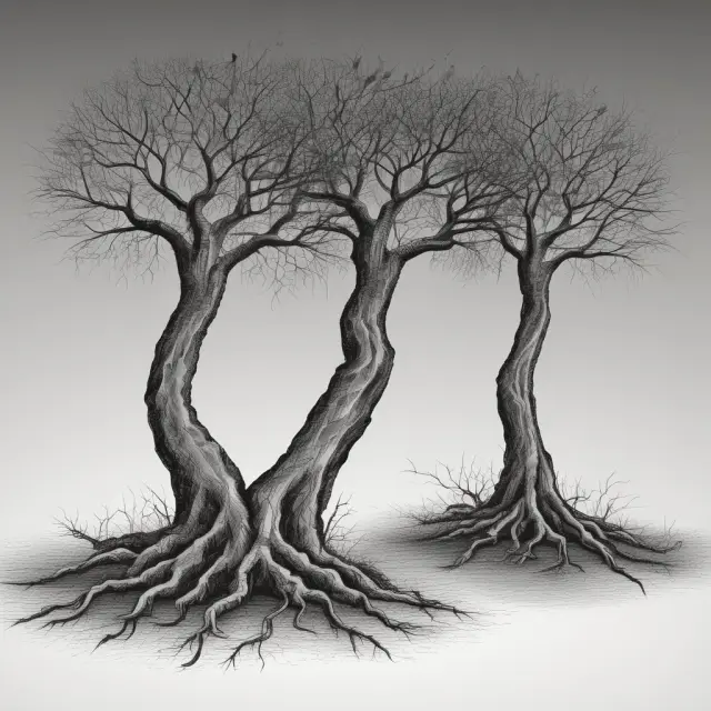 An illustration of variance and standard deviation as intertwined roots in a financial garden, with one root representing variance and the other its square root, standard deviation