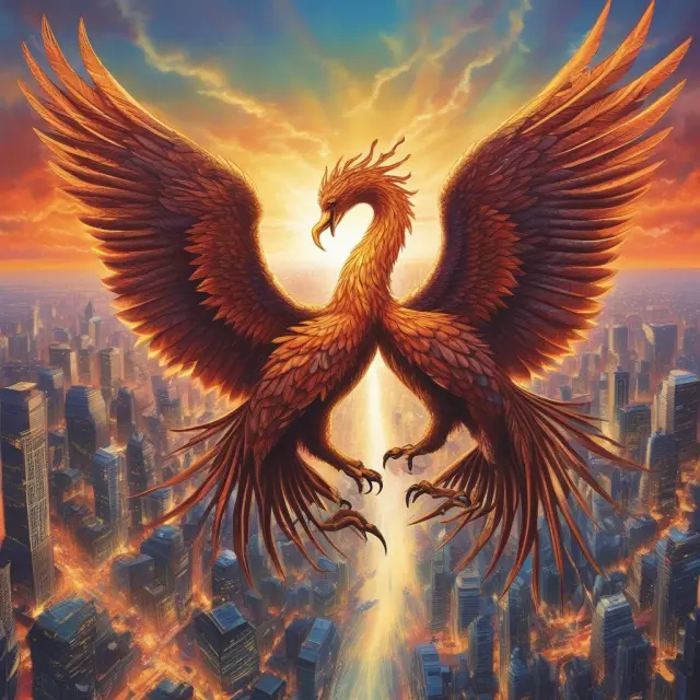 Two heads of a phoenix, symbolizing GAAP and IFRS, rising above chaotic accounting practices to ensure reliable financial reporting