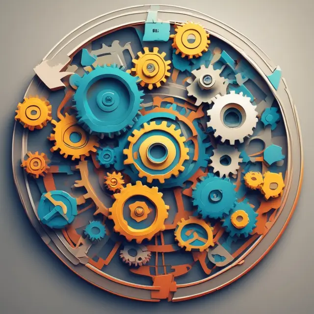 A well-oiled wheel made up of identical franchise pieces, symbolizing standardization and consistency in business operations.