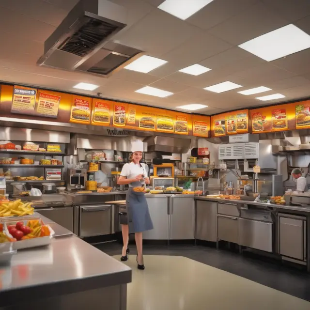 An image of a uniform menu board and chefs following standardized cooking procedures in a fast-food kitchen