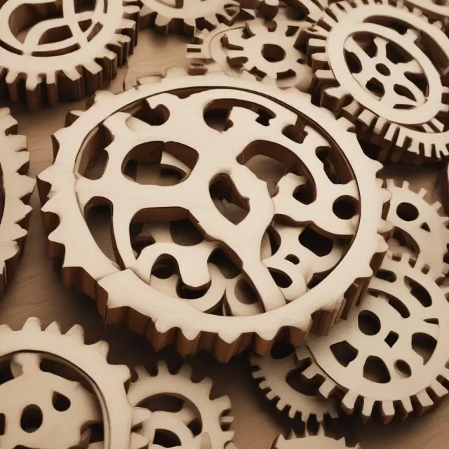 A wooden puzzle with interlocking gears representing the harmonious implementation of international standards within the wood products industry