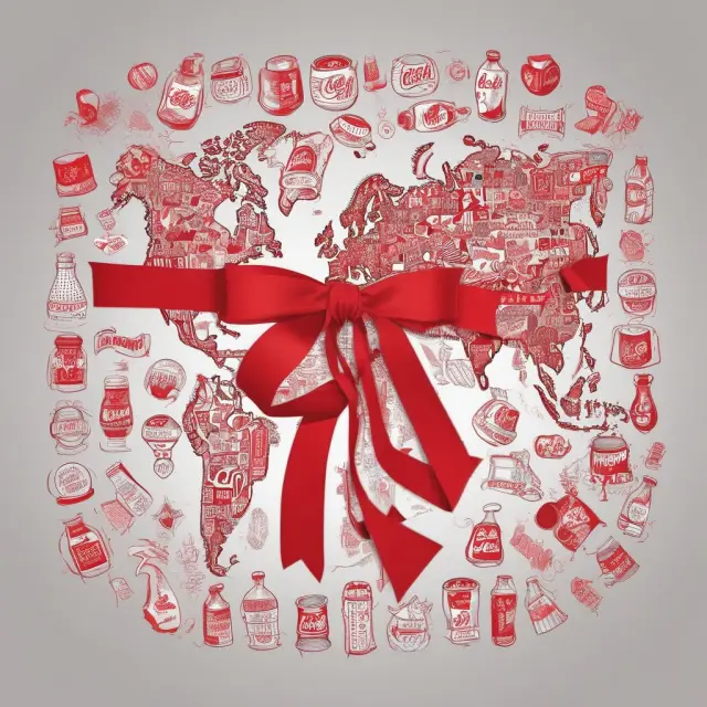 A red ribbon binding together diverse market representations of the Coca-Cola logo, illustrating global brand consistency