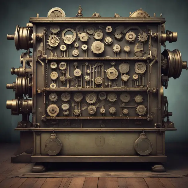An intricately designed trading machine illustrating the importance of standardized stock orders and minimum lots in facilitating efficient, cost-effective trades