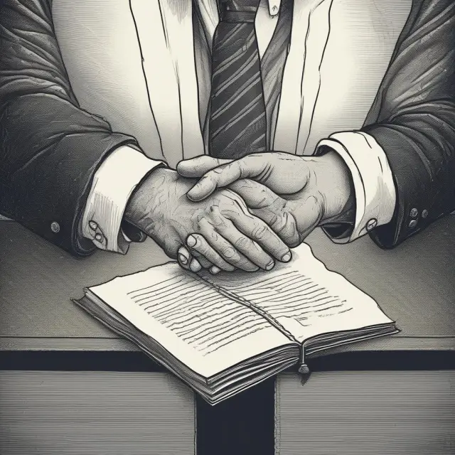 A hand holding a contract over a bridge connecting two people, with an issuing bank represented by a shield behind the hand