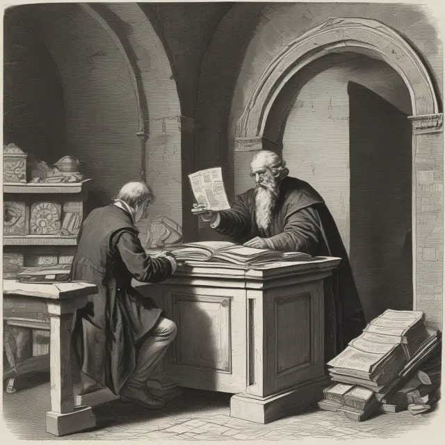 A banker carefully examines documents at his desk, surrounded by gold coins and financial statements. He issues a letter of credit from a secure vault