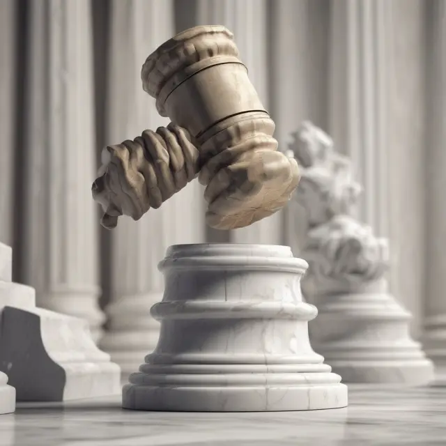The U.S. Supreme Court breaking an outdated legal precedent with a gavel and shattered marble fragments.
