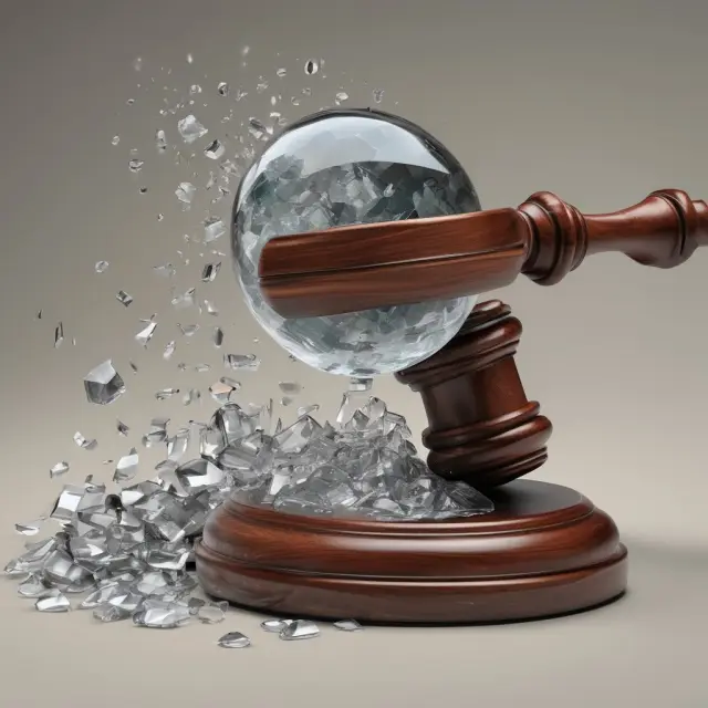 Gavel symbolizing legal proceedings breaks old insider trading precedents while a crystal ball reveals new judgments in the background, emphasizing the evolution and importance of stare decisis.