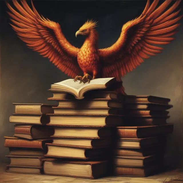 A phoenix rising from a stack of ancient legal books, illustrating the power and influence of legal precedents in the American legal system.
