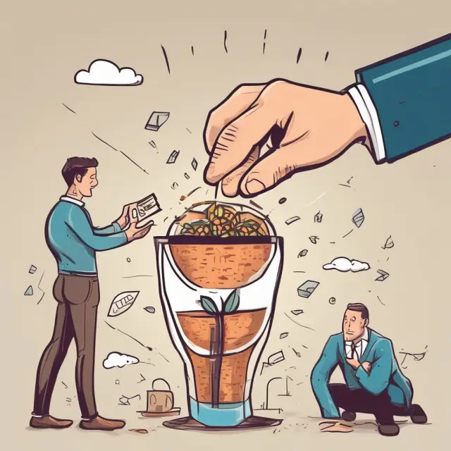 An entrepreneur plants a seed representing their business idea in a lush, fertile soil, watered by the rivers of market research and funded by various investors and sources.