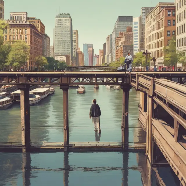 An entrepreneur standing on a bridge, contemplating business decisions: setting up an online presence or a physical storefront, and choosing between working from home or considering market analysis