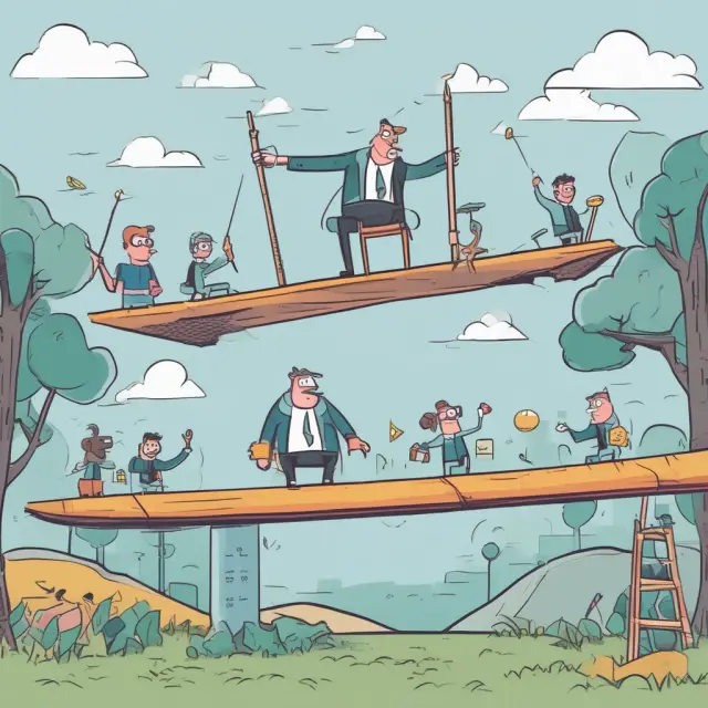 An entrepreneur balances on a seesaw amidst flourishing startups, symbolizing the rewards and challenges of startup life.