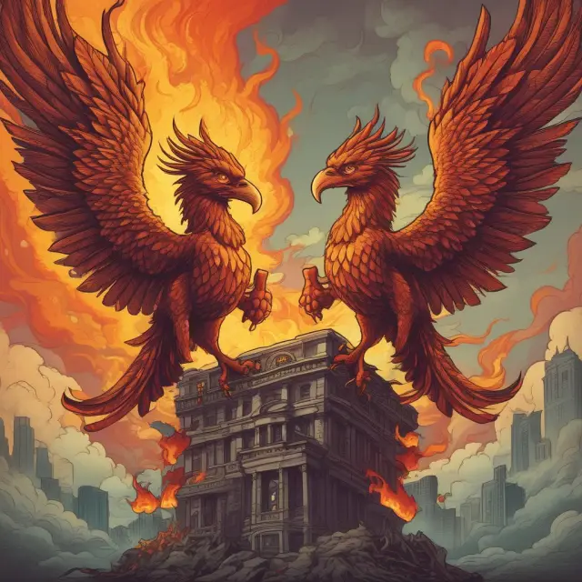 Image of two mythical Phoenix birds emerging from a fire, symbolizing the transformative journeys and success of Amazon and eBay