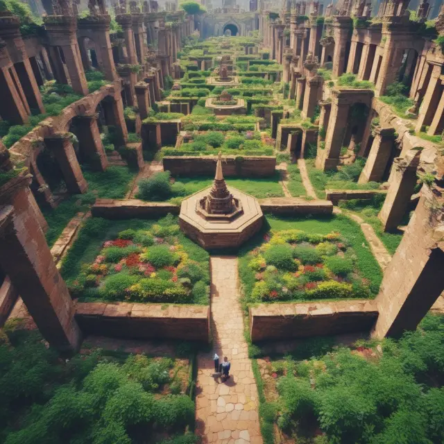 A metaphorical image of startups as vibrant flowers growing among the ruins of large corporations, representing innovation and competition in the business world.