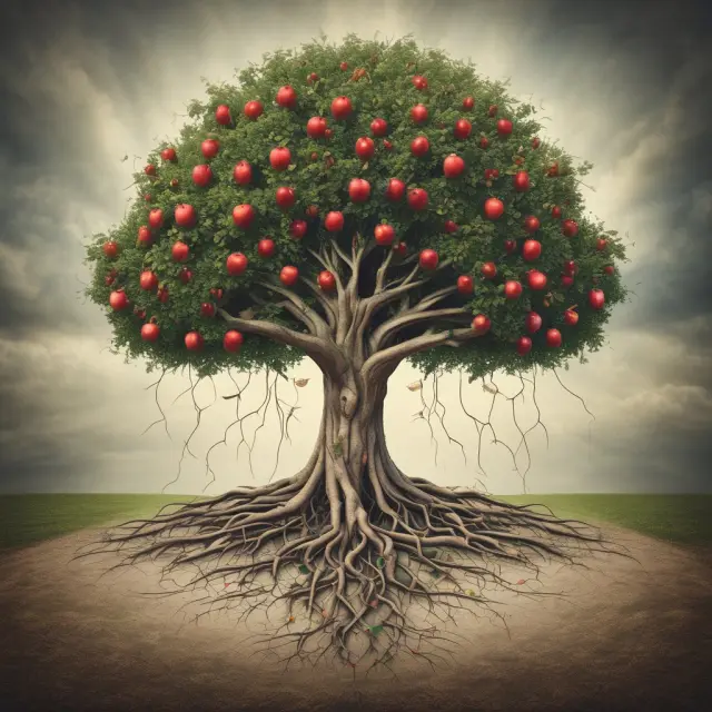 An apple tree with roots (net income) branching out for growth (reinvestment), while shedding leaves (dividends)