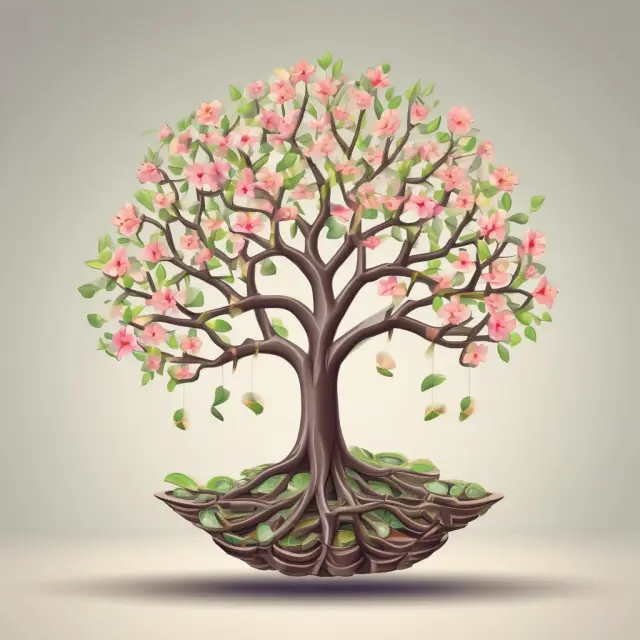 A tree laden with golden apples representing profits. Retained earnings are shown as the roots drawing nourishment, supporting the company