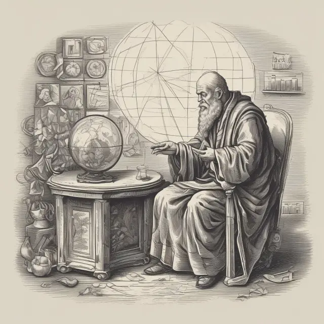 Ancient statistician examining financial trends in crystal ball filled with graphs and charts