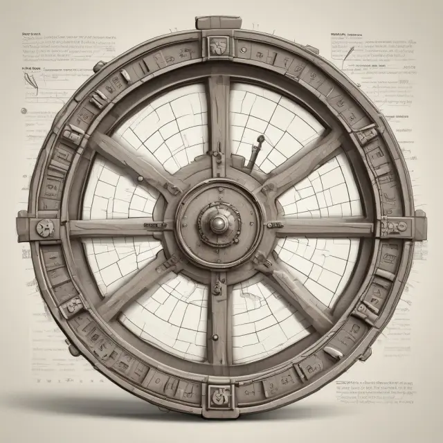 A giant wheel representing finance with interconnected statistical gears analyzing historical financial data