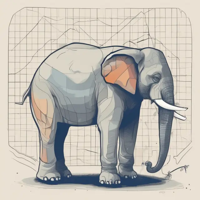 A three-legged stool with missing pieces symbolizes missing values in financial data, a giant elephant represents outliers, and intertwining curves depict non-linear relationships between variables