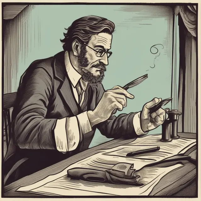 A statistician writing FAQs about statistics in finance using a quill and ink, surrounded by charts and data