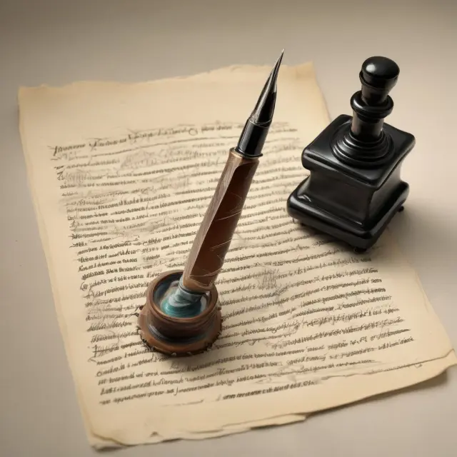An old-fashioned quill dipping in ink, creating legal contracts on parchment papers