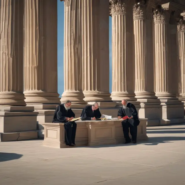 Two individuals signing a contract atop pillars of justice, representing compliant statute of fraud documents