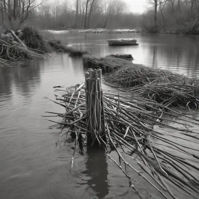 An image of wage sticks persistently adhering to a flowing economic river, symbolizing resistance to change and the factors contributing to wage stickiness