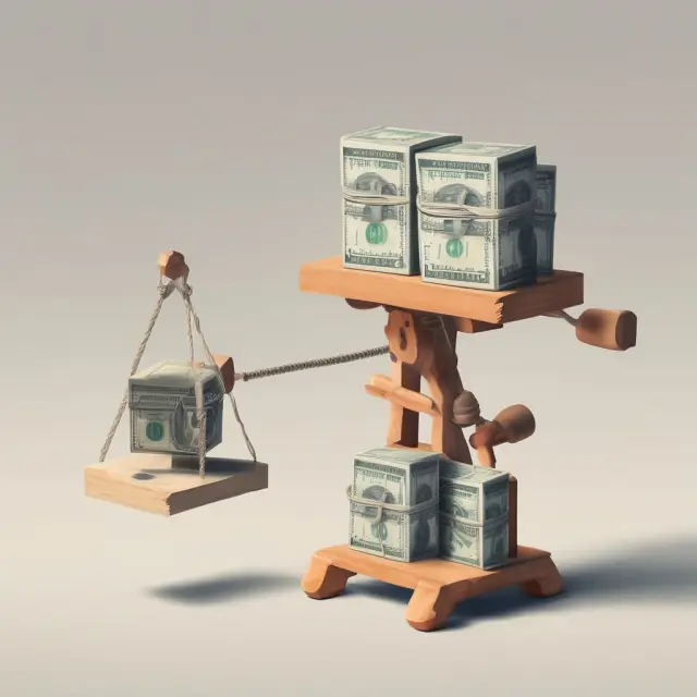 Anchored wage blocks on a seesaw representing economic equilibrium disruption, affecting exchange rates and inflation in global markets