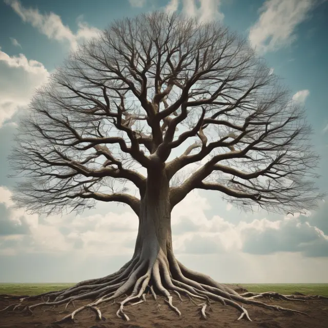 A tree representing wage rigidity with deep roots, symbolizing its resilience during economic downturns and its effects on employment growth