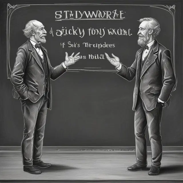 Two economists passionately discussing the merits of Sticky Wage Theory versus Neoclassical Economics on a chalkboard, symbolizing the ongoing debate within macroeconomics.