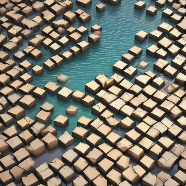 Keynesian puzzle with sticky wages depicted as blocks in a river, influencing the flow of employment and inflation
