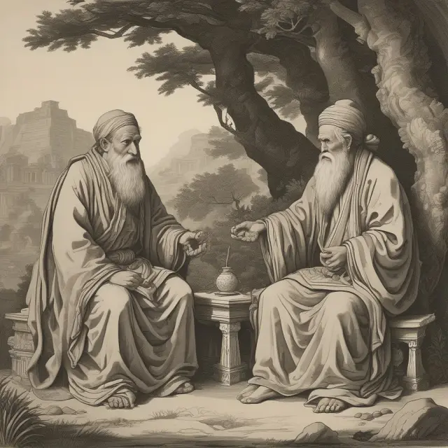 A student receives wisdom pearls from a wise sage in a tranquil setting, signifying knowledge transfer through stipends.
