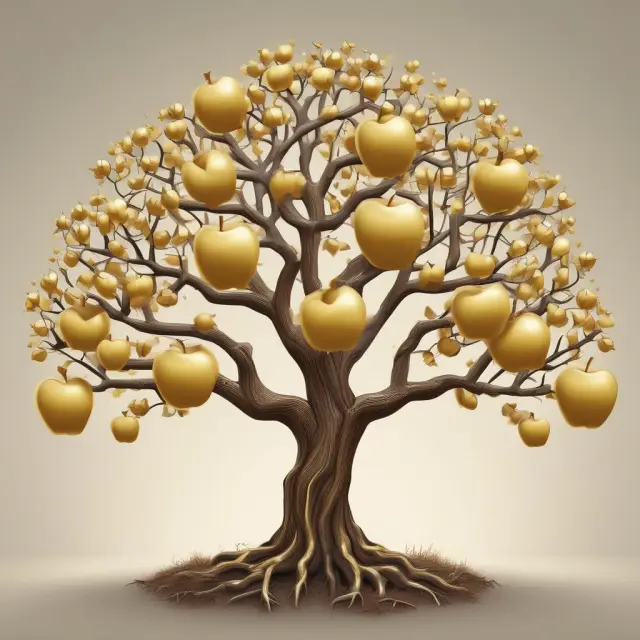 Golden apples symbolizing academic research, expense-related, health insurance, wellness program, and job training stipends growing on a tree of opportunities