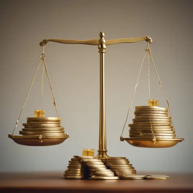 A pair of golden scales balanced between a salary pile and a stipend sack, illustrating the decision between regular income and development-focused compensation