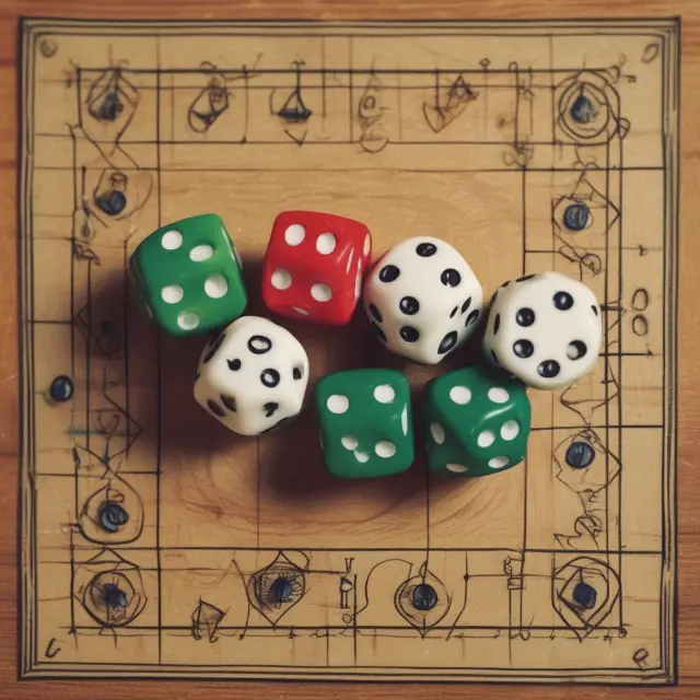 A vibrant scene of dice rolling on a financial board game, symbolizing the application and importance of stochastic modeling in assessing potential outcomes for financial planning