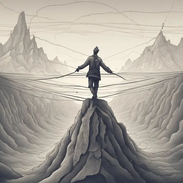 A dancer representing uncertainty gracefully balances on a tightrope while financial professionals observe, symbolizing stochastic modeling