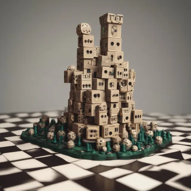 An image of a stochastic dice tower tossing dice onto a financial chessboard, symbolizing the unpredictability and various outcomes of stochastic modeling in finance.