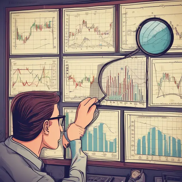 Analyst examines intricate chart details, utilizing indicators and trend lines to forecast stock movements