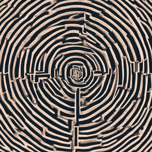 An intricate labyrinth depicting various ETF risks (market, operational, leverage, trading, taxation, and liquidity) intertwined with rewards
