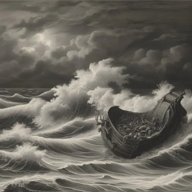 An ancient scroll representing historical stock market crashes, with waves depicting the 1929 crash, Black Monday (1987), the Dot-com bubble burst in 2001, and the financial crisis of 2008