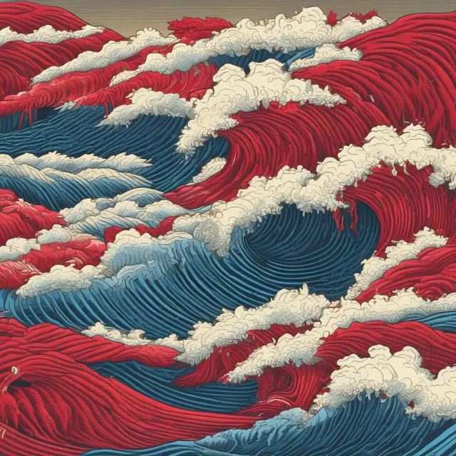 A metaphorical depiction of stock market instability, with red waves signifying declines and blue chips symbolizing losses