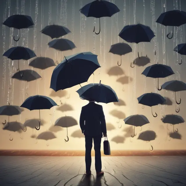 A peaceful scene with people holding circuit breaker umbrellas during a stormy stock market