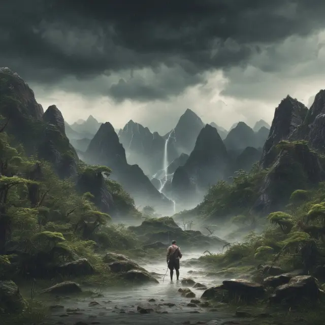 Three mountains representing S&P 500, Dow Jones Industrial Average, and Nasdaq Composite, being eroded by heavy rainfall to measure the impact of a stock market crash