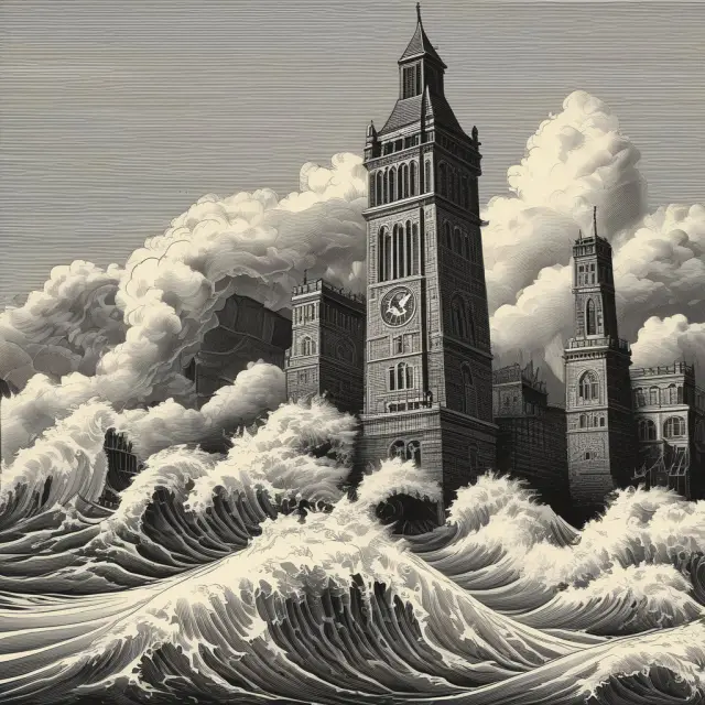Waves representing stock market crashes crashing against fortified investor towers symbolizing resilience and preparation.
