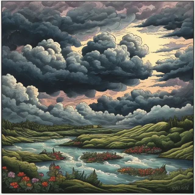 Image of turbulent storm clouds looming over a diverse garden with various stocks, emphasizing the need for preparation in times of stock market instability