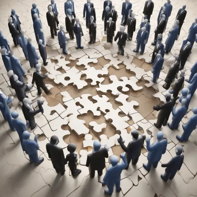 Shareholders depicted as interlocking puzzle pieces, symbolizing their ownership of a corporation without having the ability to directly control it