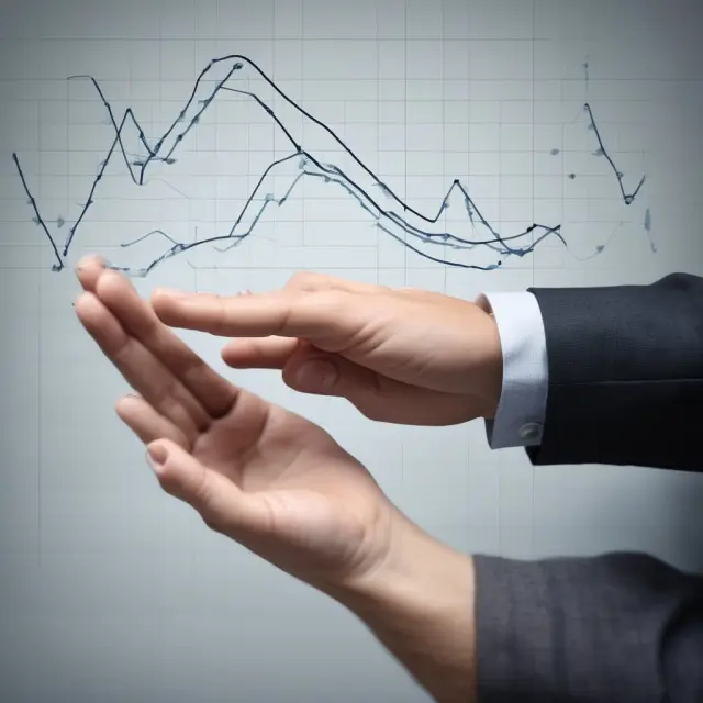 Image of a stock graph illustrating market volatility with a hand attempting to balance the waves
