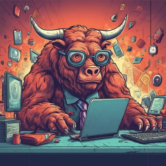 Stockbroker transforming in a tech-driven industry, surrounded by online brokerages (digital bulls) and roboadvisers (bears)