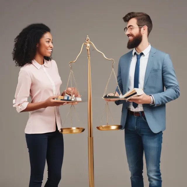 Two investors, one with a smaller scale signifying self-managed investments (discount broker), the other with a larger scale symbolizing professional guidance and management (full-service broker).