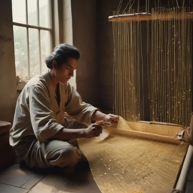 A stockbroker weaving gold threads from transactions, illustrating commission-based income